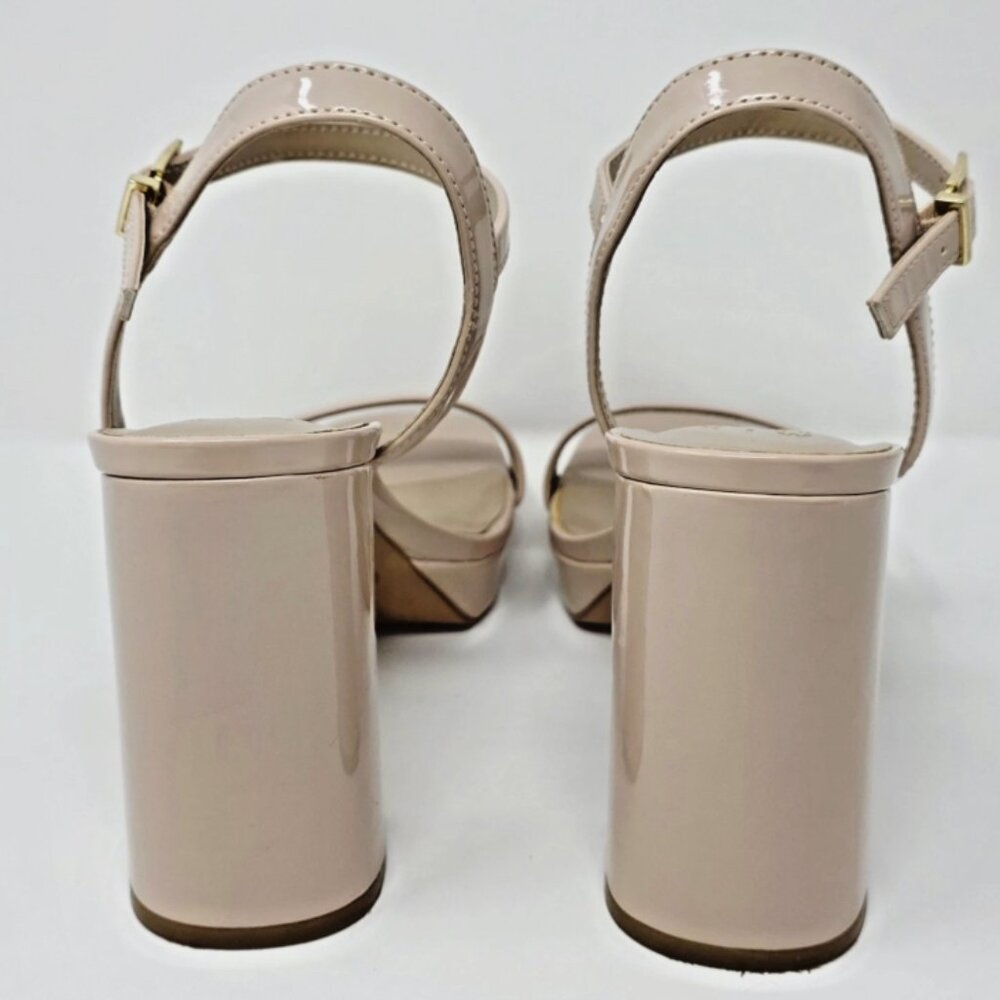 Beige Nude Patent Platform Open Toe Block Heel Sandal Womens 8.5 Baddie Chunky - Picture 4 of 11